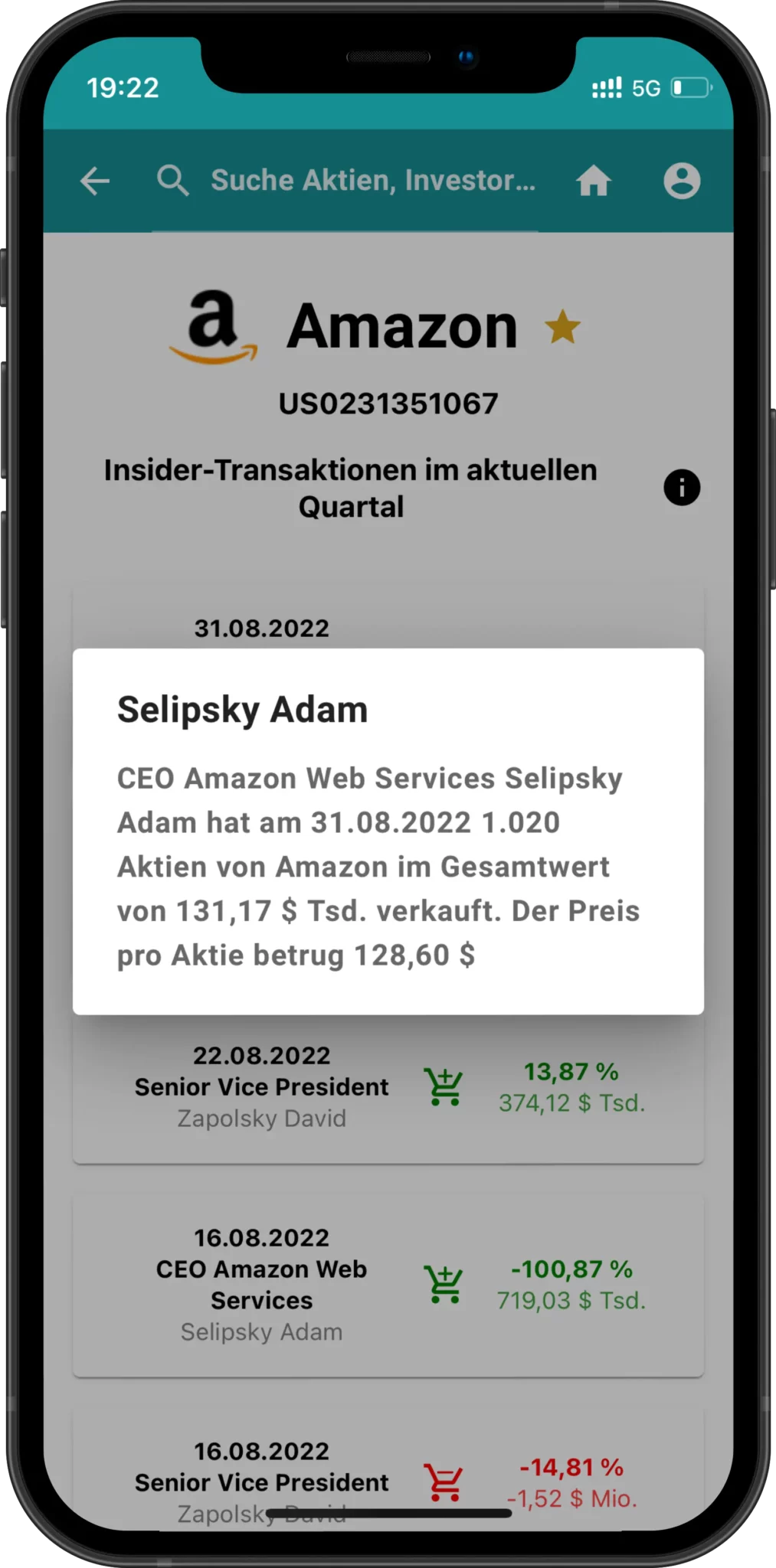 Screenshot mit folgendem Text: Selipsky Adam CEO Amazon Web Services Selipsky Adam hat am 31.08.2022 1.020 Aktien von Amazon im Gesamtwert von 131,17 $ Tsd. verkauft. Der Preis pro Aktie betrug 128,60 $